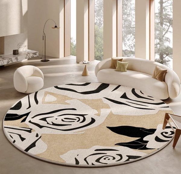 Abstract Contemporary Rugs for Bedroom, Modern Round Rugs under Coffee Table, Circular Rugs for Dining Table, Modern Cream Color Rugs for Living Room-LargePaintingArt.com