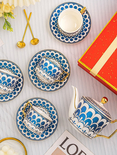 Tea Cup and Saucer Set of 4 cups with Teapot in Gift Box, 7.4 oz Modern Ceramic Coffee Cups for Office, Blue Porcelain Tea Cup and Saucer Set-LargePaintingArt.com