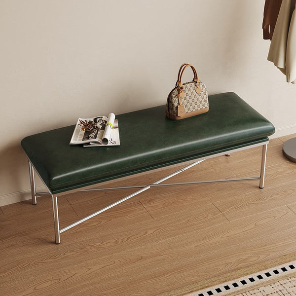Mid-Century Hall Bench, Contemporay Bedroom Bench, Luxury Genuine Leather Entry Bench, Upholstered Shoe Bench, Narrow Entryway Bench, Modern Shoe Changing Ottoman-LargePaintingArt.com