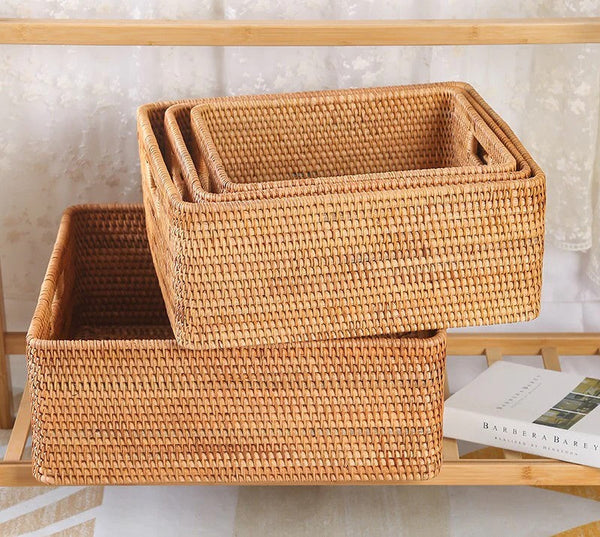Woven Rattan Storage Baskets for Bedroom, Storage Basket for Shelves, Large Rectangular Storage Baskets for Clothes, Storage Baskets for Kitchen-LargePaintingArt.com