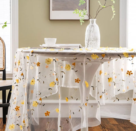 Yellow Flower Lace Tablecloths, Extra Large Rectangular Tablecloth for Oval Table, Lace Embroidered Table Covers, Rectangular Table Covers for Coffee Table-LargePaintingArt.com