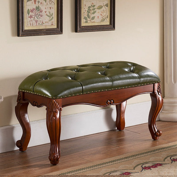 Dressing Table Stool, Vintage Blue Leather Stool, Genuine Leather Solid Wood Entry Bench, Rubber Wood Footstool, Farmhouse Entryway Bench, Leather Lounge Chair Modern-LargePaintingArt.com