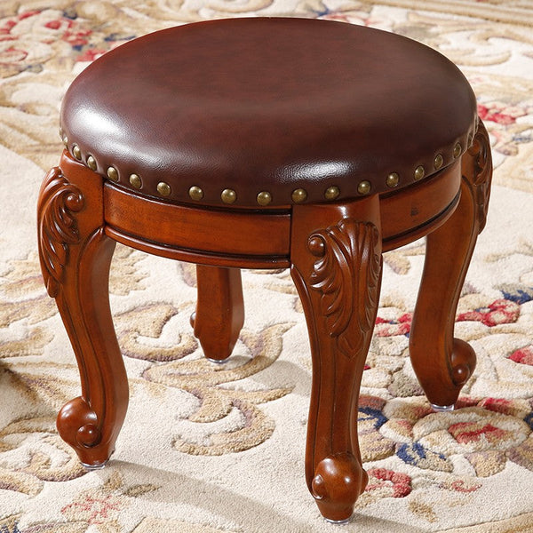 Solid Wood Ottoman, Rubberwood Entry Bench, Vanity Stool, Genuine Leather Solid Wood Entry Bench, Vintage Round Stool-LargePaintingArt.com