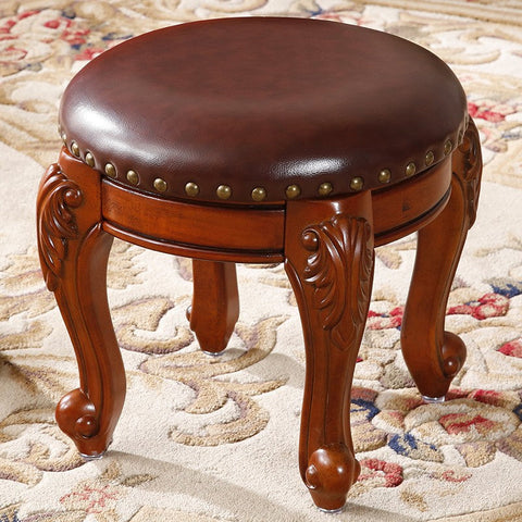 Solid Wood Ottoman, Rubberwood Entry Bench, Vanity Stool, Genuine Leather Solid Wood Entry Bench, Vintage Round Stool-LargePaintingArt.com