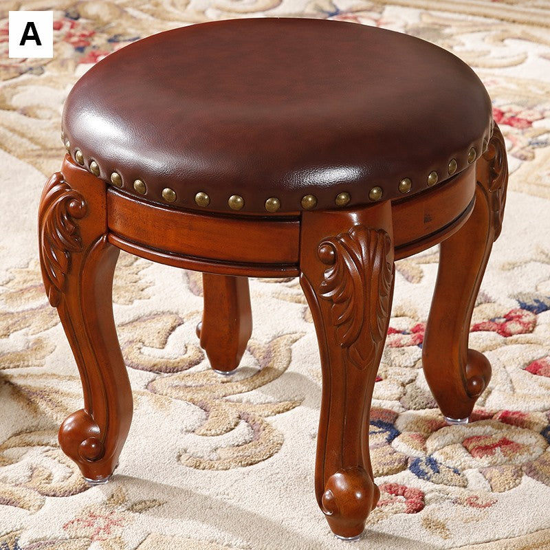 Solid Wood Ottoman, Rubberwood Entry Bench, Vanity Stool, Genuine Leather Solid Wood Entry Bench, Vintage Round Stool-LargePaintingArt.com