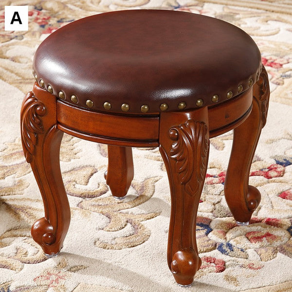 Solid Wood Ottoman, Rubberwood Entry Bench, Vanity Stool, Genuine Leather Solid Wood Entry Bench, Vintage Round Stool-LargePaintingArt.com