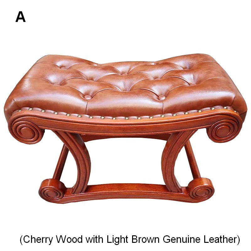Cherry Wood Footstool, Vintage Leather Stool, Genuine Leather Solid Wood Entry Bench, Long Bench, Vanity Stool, Dressing Table Stool-LargePaintingArt.com