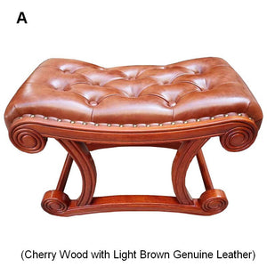 Cherry Wood Footstool, Vintage Leather Stool, Genuine Leather Solid Wood Entry Bench, Long Bench, Vanity Stool, Dressing Table Stool-LargePaintingArt.com