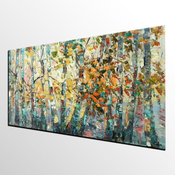 Canvas Art, Autumn Birch Tree Painting, Abstract Landscape Painting, Abstract Art Painting, Custom Canvas Painting-LargePaintingArt.com