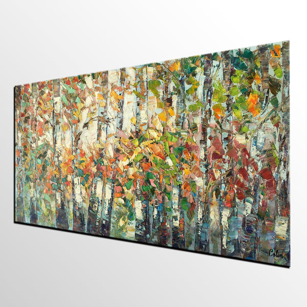 Landscape Painting, Autumn Birch Tree Painting, Custom Large Wall Art, Oil Painting, Canvas Painting-LargePaintingArt.com