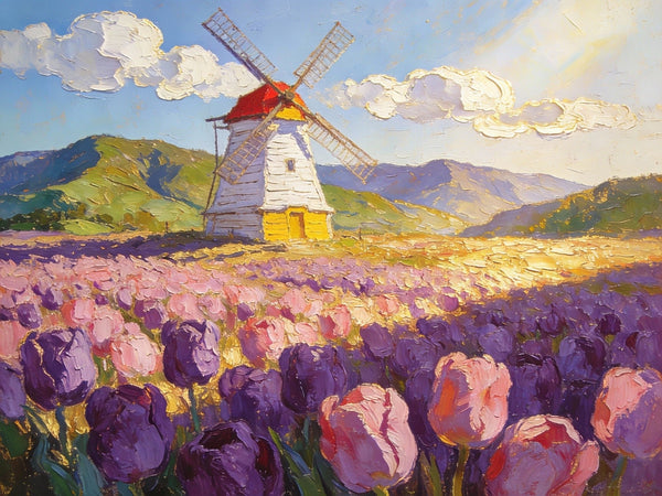 Landscape Oil Paintings, Windmills Among the Blooming Tulips, Small Oil Paintings on Wall, Original Artwork Small Wall Art, Hand Painted Canvas Art, Small Wall Paintings-LargePaintingArt.com