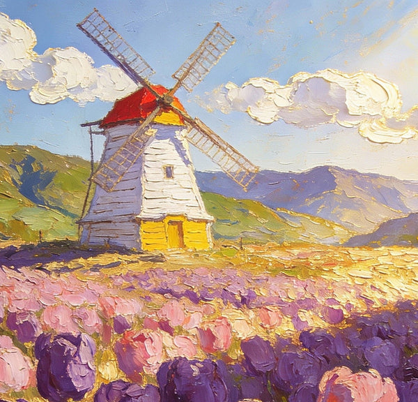 Landscape Oil Paintings, Windmills Among the Blooming Tulips, Small Oil Paintings on Wall, Original Artwork Small Wall Art, Hand Painted Canvas Art, Small Wall Paintings-LargePaintingArt.com