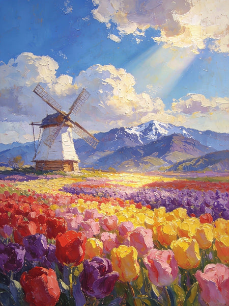 Sunlit Tulips, Windmill by the Hills, On Canvas Small Paintings, Hand Painted Canvas Art, Original Artwork Small Paintings on Wall, Landscape Oil Paintings-LargePaintingArt.com