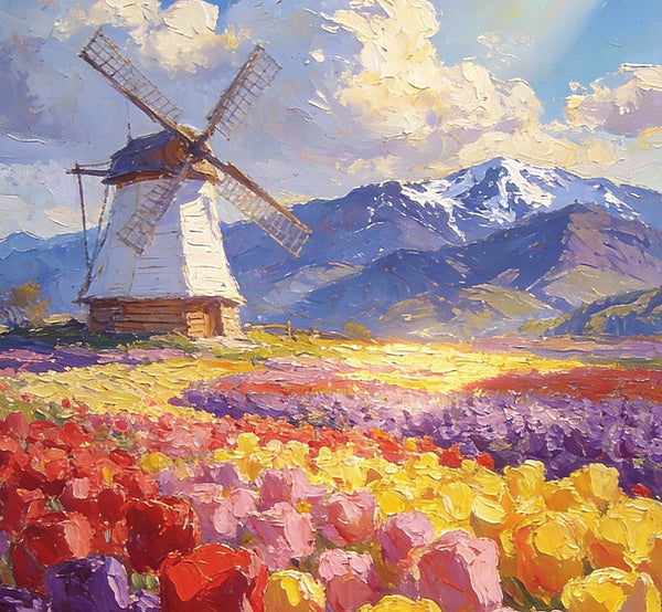 Sunlit Tulips, Windmill by the Hills, On Canvas Small Paintings, Hand Painted Canvas Art, Original Artwork Small Paintings on Wall, Landscape Oil Paintings-LargePaintingArt.com