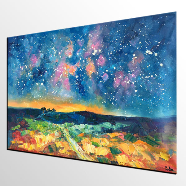 Starry Night Landscape Painting, Large Canvas Art Painting, Custom Large Oil Painting-LargePaintingArt.com