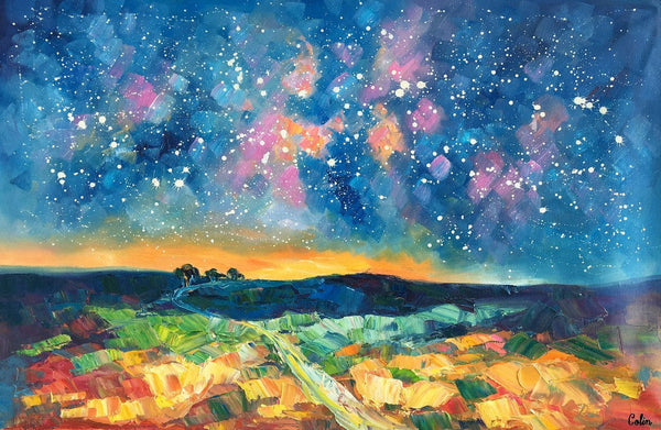 Starry Night Landscape Painting, Large Canvas Art Painting, Custom Large Oil Painting-LargePaintingArt.com