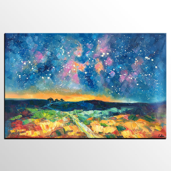 Starry Night Landscape Painting, Large Canvas Art Painting, Custom Large Oil Painting-LargePaintingArt.com