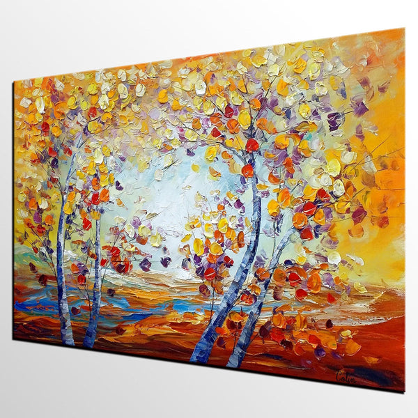 Heavy Texture Canvas Art, Autumn Tree Landscape Art, Custom Canvas Painting for Living Room-LargePaintingArt.com