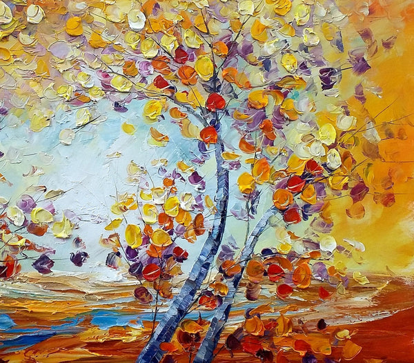 Heavy Texture Canvas Art, Autumn Tree Landscape Art, Custom Canvas Painting for Living Room-LargePaintingArt.com