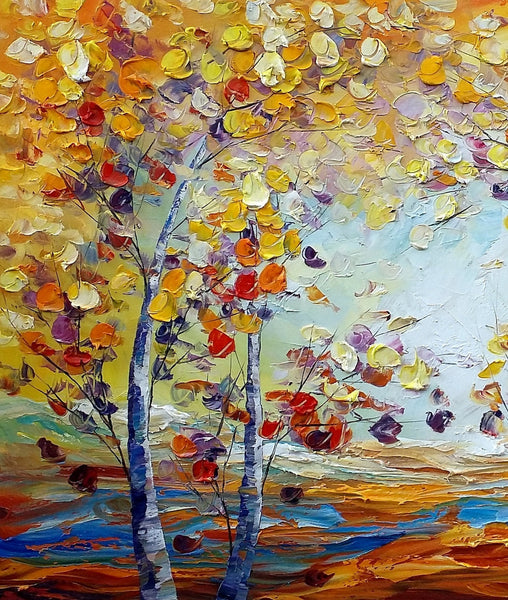 Heavy Texture Canvas Art, Autumn Tree Landscape Art, Custom Canvas Painting for Living Room-LargePaintingArt.com