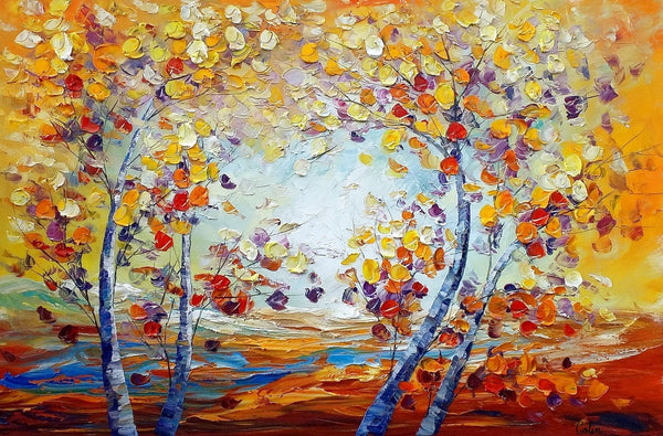 Heavy Texture Canvas Art, Autumn Tree Landscape Art, Custom Canvas Painting for Living Room-LargePaintingArt.com