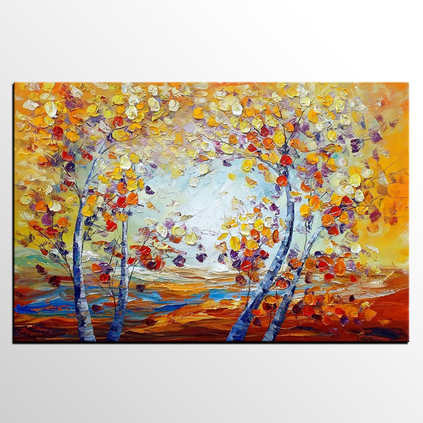 Heavy Texture Canvas Art, Autumn Tree Landscape Art, Custom Canvas Painting for Living Room-LargePaintingArt.com