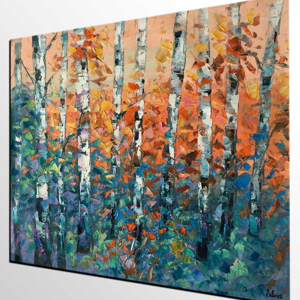 Birch Tree Painting, Large Oil Painting, Custom Canvas Artwork, Canvas Painting for Bedroom-LargePaintingArt.com