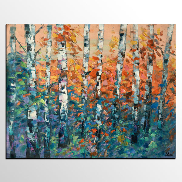 Birch Tree Painting, Large Oil Painting, Custom Canvas Artwork, Canvas Painting for Bedroom-LargePaintingArt.com
