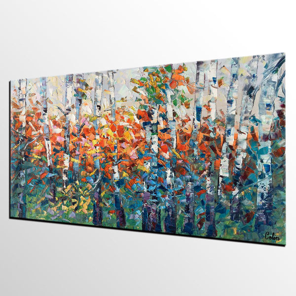 Birch Tree Painting, Impasto Art, Large Canvas Art, Bedroom Canvas Painting, Custom Extra Large Painting-LargePaintingArt.com