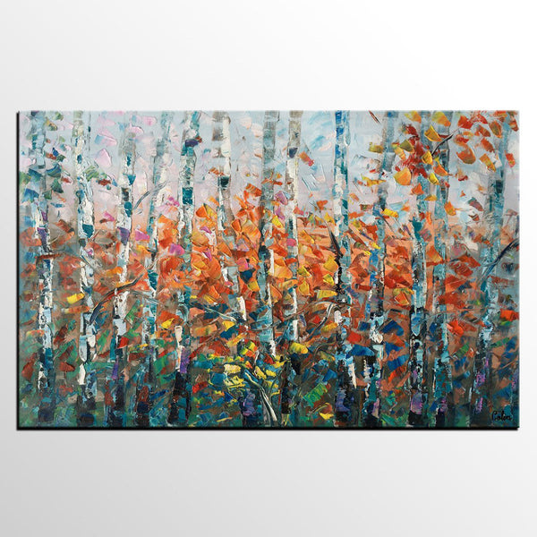 Tree Landscape Art, Large Wall Art, Birch Tree Painting, Custom Canvas Painting for Bedroom-LargePaintingArt.com