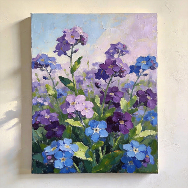 Original Flower Paintings, Hand Painted Canvas Art, Wild Purple Blue Forget-me-nots in Bloom, Small Canvas Wall Art Paintings, Original Oil Paintings-LargePaintingArt.com