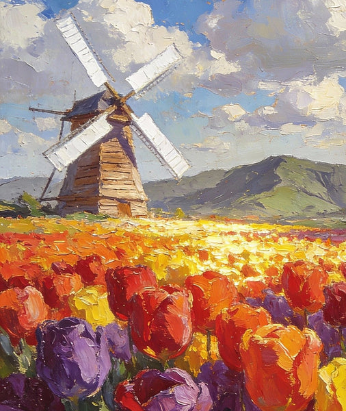 Heavy Texture Oil Paintings, On Canvas Small Paintings, Windmills Amidst a Sea of Blooming Tulips, Hand Painted Canvas Art, Original Small Paintings, Landscape Oil Paintings-LargePaintingArt.com