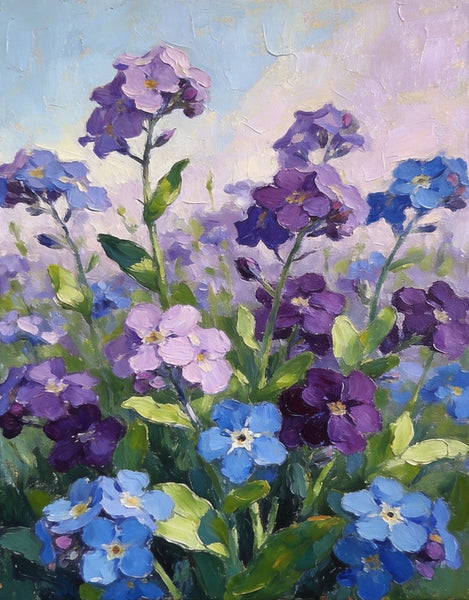 Original Flower Paintings, Hand Painted Canvas Art, Wild Purple Blue Forget-me-nots in Bloom, Small Canvas Wall Art Paintings, Original Oil Paintings-LargePaintingArt.com