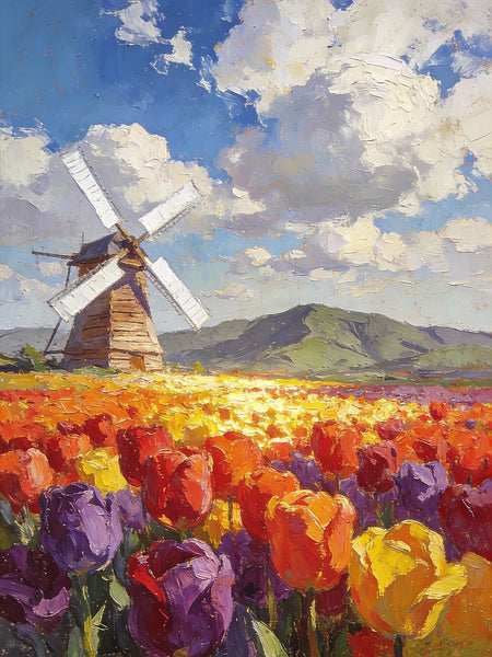 Heavy Texture Oil Paintings, On Canvas Small Paintings, Windmills Amidst a Sea of Blooming Tulips, Hand Painted Canvas Art, Original Small Paintings, Landscape Oil Paintings-LargePaintingArt.com