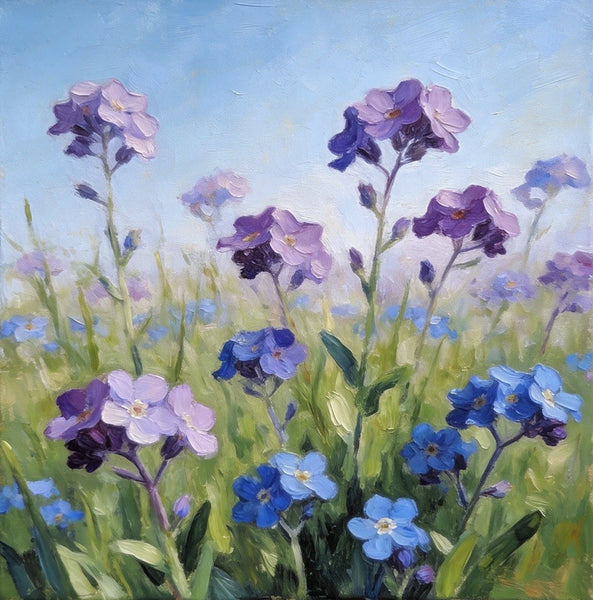 Original Small Canvas Artwork, Purple and Blue Forget-me-nots Blooming Wild, Buy Small Artwork Online, Still Life Painting, Original Flower Paintings, Hand Painted Canvas Art-LargePaintingArt.com