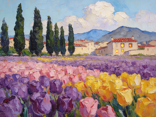 Blooming Tulips in the Countryside, Small Oil Paintings on Canvas, Hand Painted Canvas Art, Heavy Texture Oil Paintings, Original Artwork Small Paintings, Small Wall Paintings-LargePaintingArt.com
