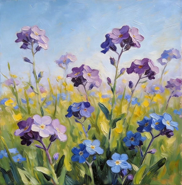 Small Canvas Artwork, Purple and Blue Forget-me-nots Blooming Wild, Buy Small Artwork Online, Hand Painted Canvas Art, Still Life Painting, Original Flower Paintings-LargePaintingArt.com