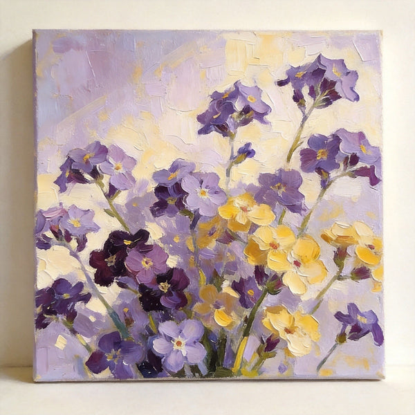 Small Canvas Artwork, Original Flower Paintings, Blooming Purple Yellow Forget-me-nots, Still Life Painting, Hand Painted Canvas Art, Buy Small Paintings Online-LargePaintingArt.com
