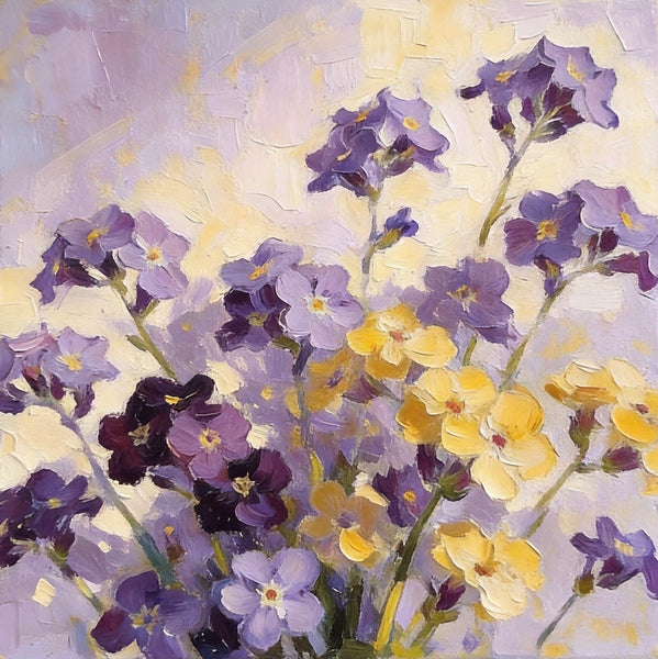 Small Canvas Artwork, Original Flower Paintings, Blooming Purple Yellow Forget-me-nots, Still Life Painting, Hand Painted Canvas Art, Buy Small Paintings Online-LargePaintingArt.com