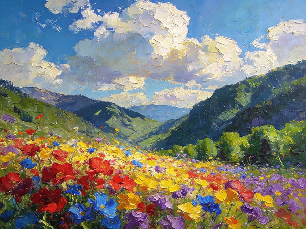 Hand Painted Canvas Art, A Valley in Bloom with Spring Flowers, On Canvas Small Paintings, Original Wall Art Paintings, Original Artwork Small Paintings, Small Landscape Paintings-LargePaintingArt.com