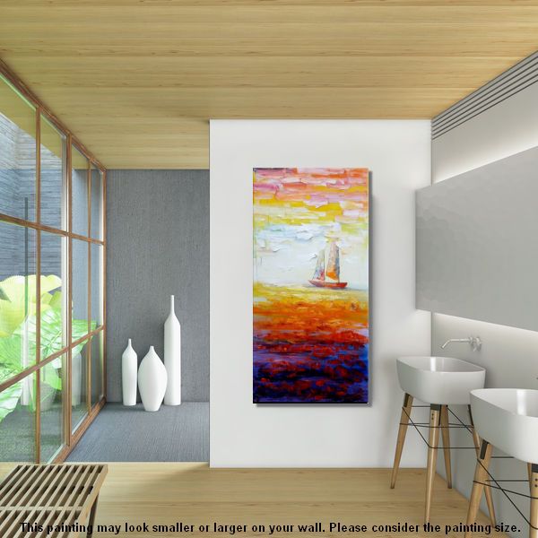 Sailing Boat at Sea, Heavy Texture Art, Original Painting, Custom Extra Large Painting-LargePaintingArt.com