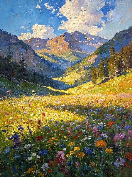 Wildflowers in Bloom Among High Peaks and Valleys, Small Landscape Paintings, Original Small Paintings on Canvas, Small Paintings on Canvas, Hand Painted Canvas Art, Heavy Texture Oil Paintings-LargePaintingArt.com