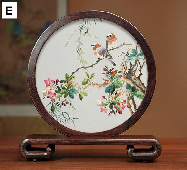 Unique Birthday Gift, Flower and Bird Embroidery Ornaments, Traditional Chinese Suzhou Silk Embroidered Ornament, Premium Souvenir, Exclusive Business Presents-LargePaintingArt.com