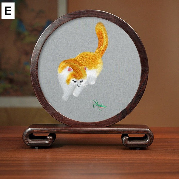 Exclusive Business Present, Lovely Kitty Cat Embroidered Decor, Premium Souvenir, Unique Birthday Gift, Traditional Chinese Suzhou Kitten Embroidery Ornament-LargePaintingArt.com