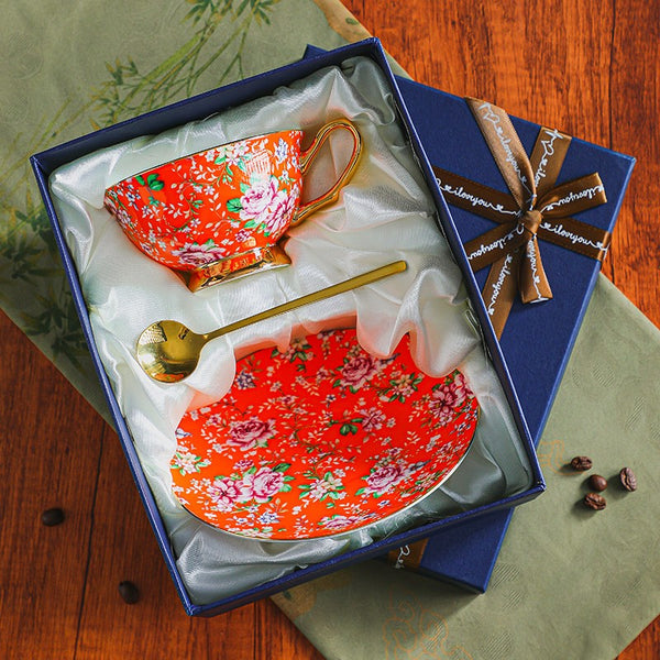 Porcelain Tea Cup and Saucer Set, Floral Ceramic Coffee Cup with Saucer, Traditional English Tea Cup and Saucer Set, Afternoon British Tea Cup with Saucer-LargePaintingArt.com