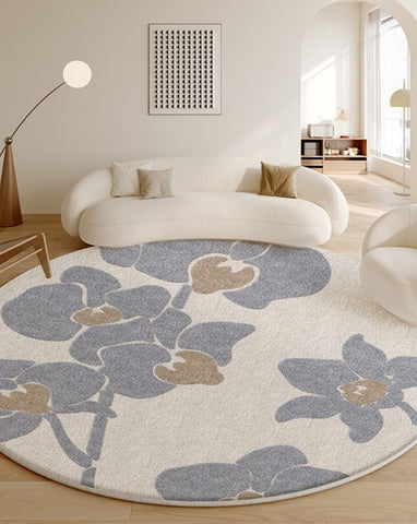 Bedroom Abstract Modern Area Rugs, Contemporary Modern Rugs, Geometric Round Rugs for Dining Room, Flower Pattern Circular Modern Rugs under Chairs-LargePaintingArt.com