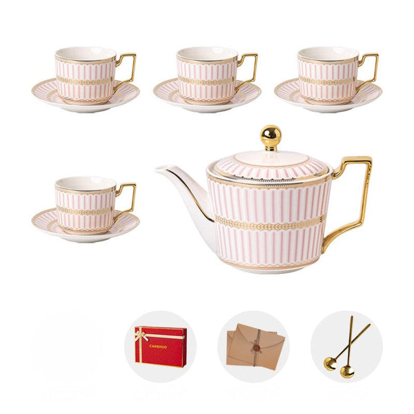 Ceramic Coffee Cups for Office, 7.4 oz British Tea Cups with Teapot, Modern Porcelain Cup and Saucer with Teapot, Pink Porcelain Tea Cup Set of 4 cups-LargePaintingArt.com