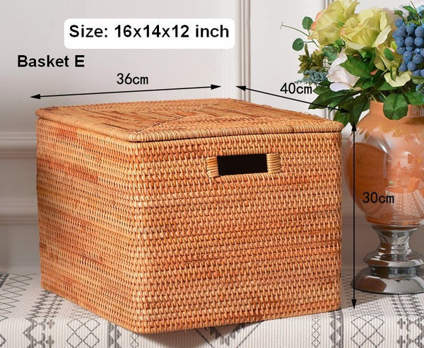 Extra Large Storage Baskets for Clothes, Oversized Rectangular Storage Basket with Lid, Wicker Rattan Storage Basket for Shelves, Storage Baskets for Bedroom-LargePaintingArt.com