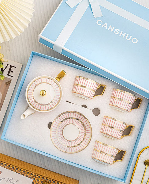 Ceramic Coffee Cups for Office, 7.4 oz British Tea Cups with Teapot, Modern Porcelain Cup and Saucer with Teapot, Pink Porcelain Tea Cup Set of 4 cups-LargePaintingArt.com