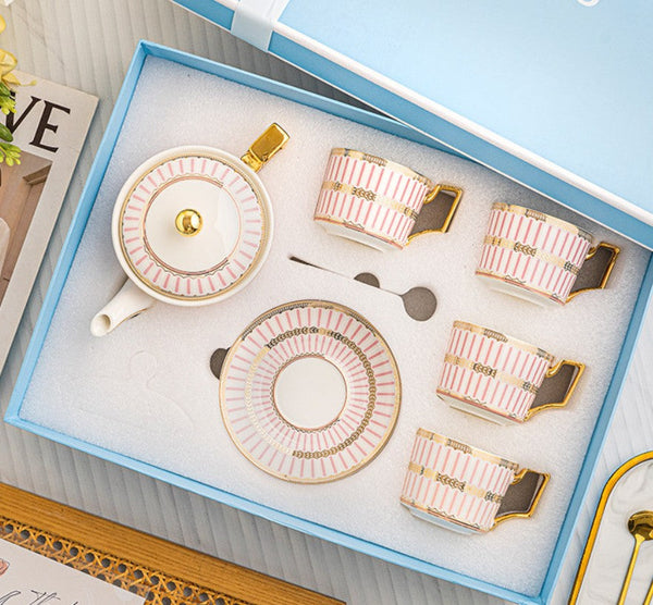 Ceramic Coffee Cups for Office, 7.4 oz British Tea Cups with Teapot, Modern Porcelain Cup and Saucer with Teapot, Pink Porcelain Tea Cup Set of 4 cups-LargePaintingArt.com